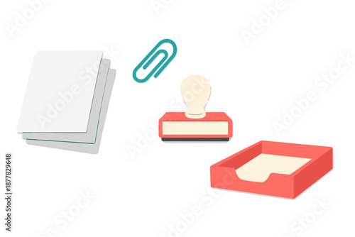 Office supplies: stack of papers, paperclip, stamp, and tray