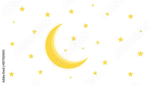 Yellow crescent moon and stars pattern on white background