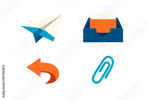 Set of four 3D icons: paper airplane, inbox, undo arrow, paperclip