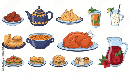 Traditional Middle Eastern Cuisine with Tea and Desserts Illustration