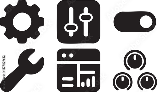 Collection of six black representing tools settings and data visualization on white background