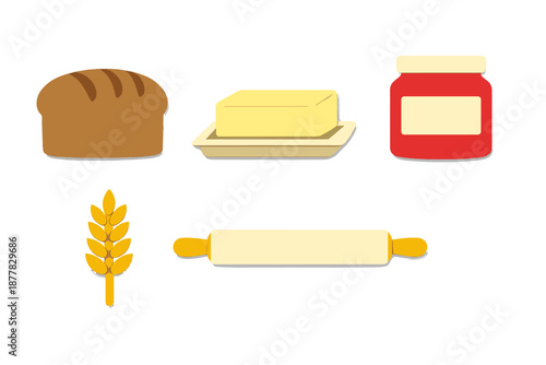 Illustration of bread, butter, jam, wheat, and rolling pin