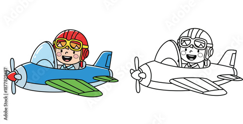 Cartoon vector illustration of a happy pilot boy flying a plane. Coloring book page template with color guide and black and white outline for children education and fun activity.
