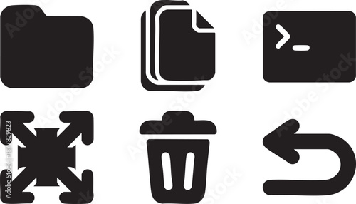 Set of six black computer including folder documents command line trash and undo file symbol