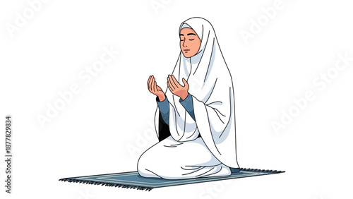 Muslim woman praying on a mat in traditional attire