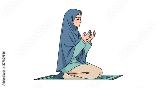 Muslim woman in prayer wearing hijab on prayer mat illustration