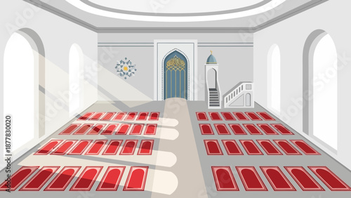 Modern mosque interior with red prayer rugs and natural light