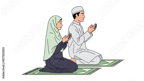 Muslim couple praying together in traditional attire on prayer mats