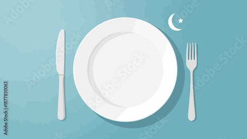 Minimalist flat lay of dinner plate with cutlery on blue background