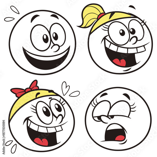Cartoon faces. Expressive eyes and mouth, smiling, crying and surprised character face expressions. Caricature comic emotions or emoticon doodle