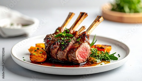 New Zealand roasted lamb rack on ceramic plate, perfectly seared surface with herbs, soft natural daylight, minimalist background, shallow depth of field, ultra-realistic food photography