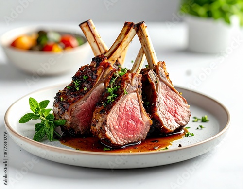New Zealand roasted lamb rack on ceramic plate, perfectly seared surface with herbs, soft natural daylight, minimalist background, shallow depth of field, ultra-realistic food photography