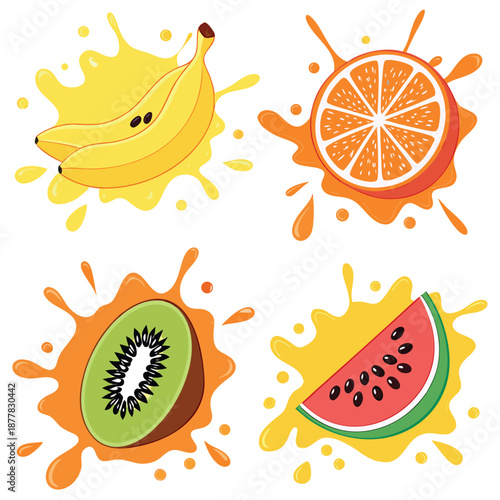 Orange, kiwi fruit, banana, tomato, watermelon, papaya juice. Fresh fruits and splashes icon set.