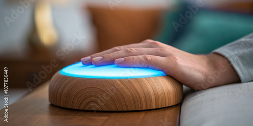 Hand gently resting on glowing round wooden smart home device on warm wooden table, creating calm and modern atmosphere