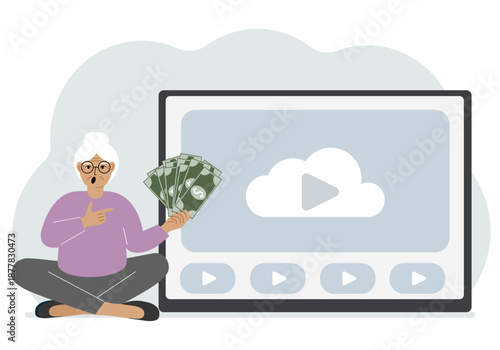 A woman holds paper banknotes in his hand, next to a computer with a video. Freelancer, earning money, working on the Internet, training, coaching, business, remote work.