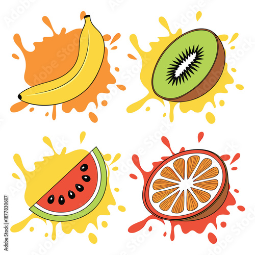 Orange, kiwi fruit, banana, tomato, watermelon, papaya juice. Fresh fruits and splashes icon set.