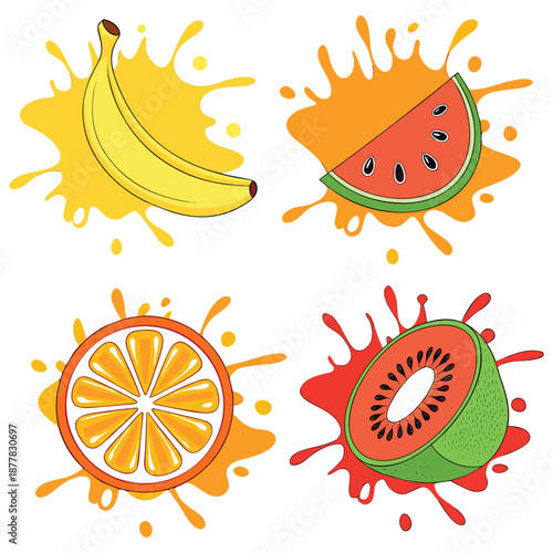 Orange, kiwi fruit, banana, tomato, watermelon, papaya juice. Fresh fruits and splashes, 3d vector icon set