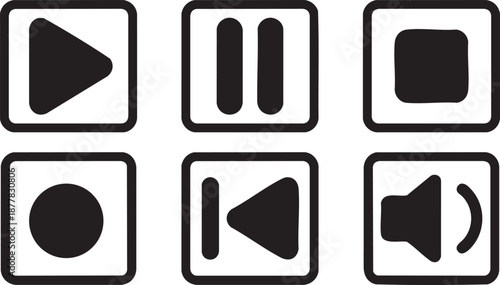 Collection of six black media playback and recording on a white background pause stop rewind