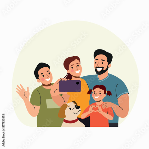 Happy Family Taking a Selfie with Dog, Family Portrait. Vector flat style illustration