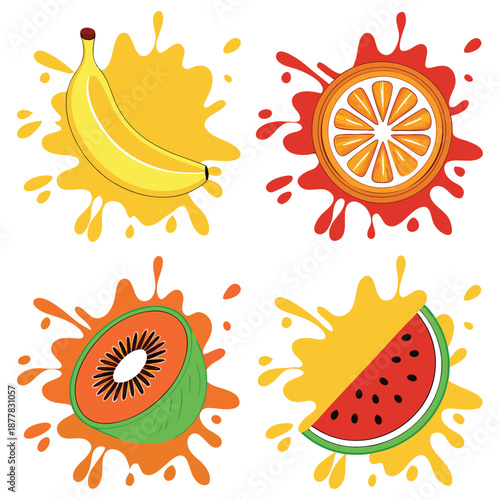 Orange, kiwi fruit, banana, tomato, watermelon, papaya juice. Fresh fruits and splashes, 3d vector icon set