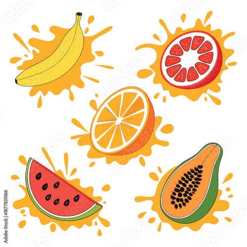 Orange, kiwi fruit, banana, tomato, watermelon, papaya juice. Fresh fruits and splashes, 3d vector icon set