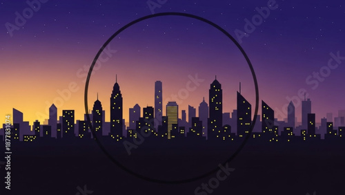 City Skyline Silhouette at Sunset with Magnifying Glass, Skyscrapers, Urban Landscape