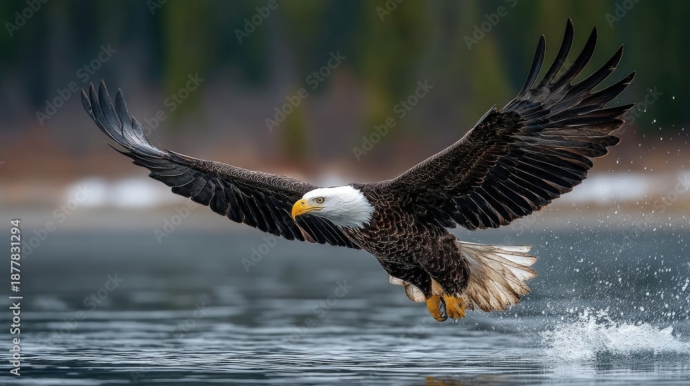 Fototapeta premium Bald eagle diving to catch a fish in a lake, claws extended, water splash, freezing motion, dramatic wildlife photography 