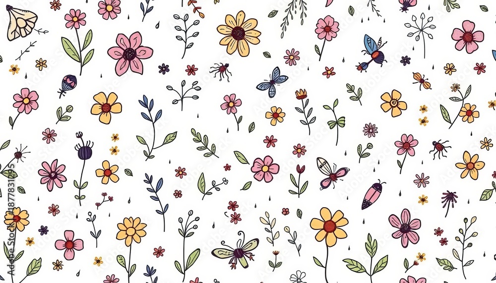 Fototapeta premium Whimsical hand-drawn spring doodles pattern with flowers, leaves, insects, and rain elements on a light background, perfect for seasonal designs, sun, background