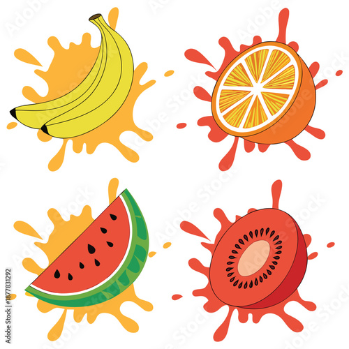 Orange, kiwi fruit, banana, tomato, watermelon, papaya juice. Fresh fruits and splashes, 3d vector icon set