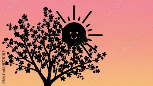 Happy Sun Shining behind Blooming Tree Silhouette at Sunset