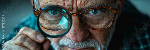 Elderly man examines object closely with a magnifying glass Generative AI