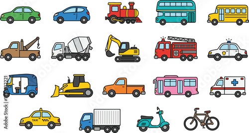 Cartoon vehicle vector collection, cars, buses, trucks, emergency vehicles, construction machines, transport icons, kids illustration, colorful design, isolated on white background