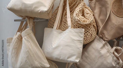 Collection of ecofriendly shopping tote bags made of different materials displayed, promoting sustainable living and responsible consumption