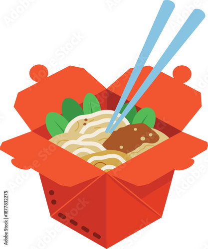 Chinese, takeout, box, noodles, vector, illustration, Asian, food, chopsticks, fast, food, delivery, restaurant, cuisine, cartoon, flat, design, isolated, background, delicious