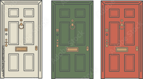 Colorful front doors set, classic home entrance design, vector illustration collection, decorative wooden doors, real estate, architecture, isolated, modern style