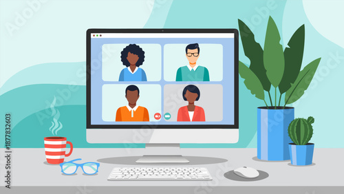 Video conference call vector illustration on desktop computer with people and coffee