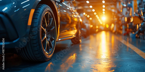 Modern car engine in a workshop setting with bright lights Generative AI