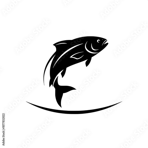 Contemporary flat illustration of a jumping fish, black silhouette on white, smooth curves, modern minimalist aesthetic.