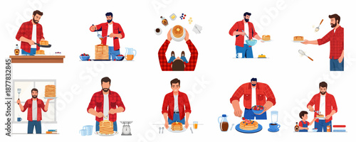 Vector illustration set of a bearded man cooking, serving, and eating pancakes with maple syrup and fresh berries for a homemade breakfast or brunch.