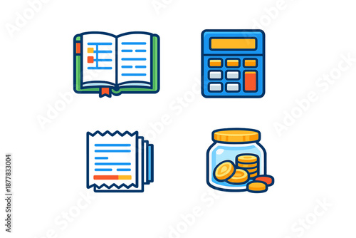 Financial icons: book, calculator, receipt, and money jar
