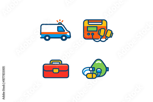 Medical emergency icons: ambulance, defibrillator, first aid kit, mask