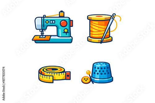 Sewing supplies: sewing machine, thread, needle, tape measure, thimble