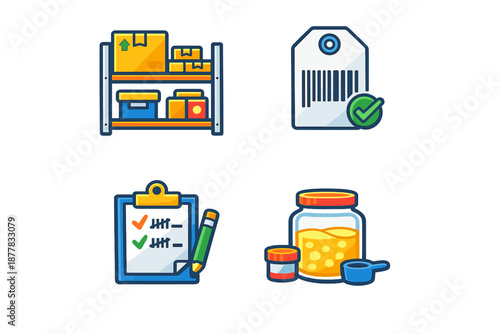 Inventory management icons: storage, tag, checklist, and dosage