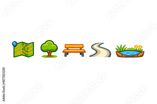 Park icons: map, tree, bench, path, and pond with flowers