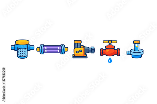 Set of icons representing plumbing and water treatment equipment