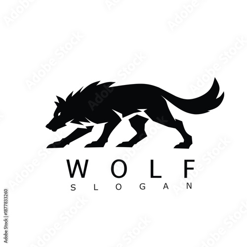 Crouching wolf silhouette logo in a stalking pose, sharp and minimalist, symbolizing instinct, focus, strength, and stealth, ideal for esports, outdoor brands, or bold identity design