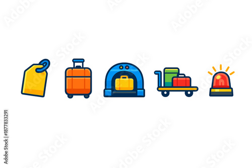 Airport icons: luggage tag, suitcase, scanner, cart, and alarm light