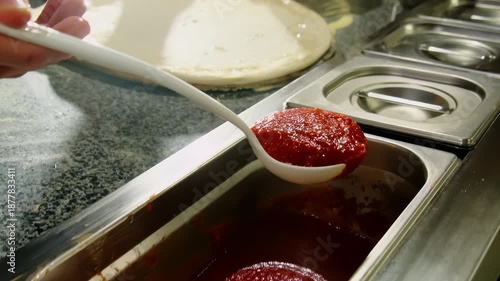 Pizza maker scoops tomato paste in ladle above dough on counter. Pizza maker pours sauce onto crust starting swirl pattern with ladle