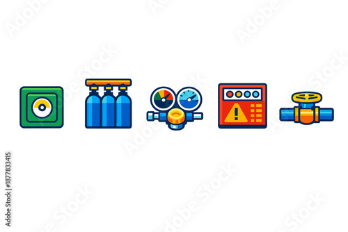 Industrial icons: gas cylinders, gauges, alert panel, valve