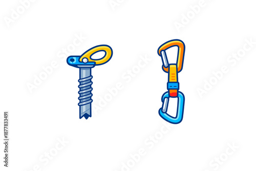 Illustration of ice screw and climbing carabiner on dark background